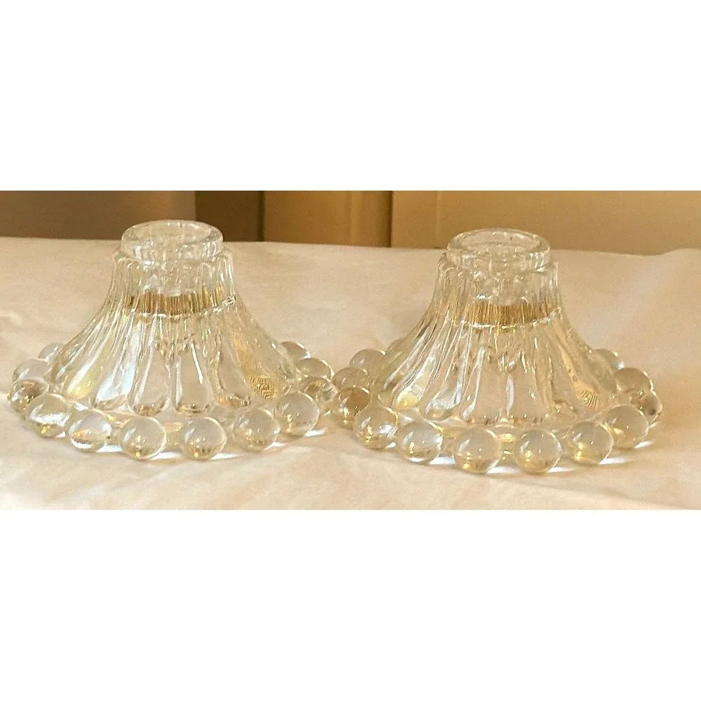 Vintage Candlesticks Set of 2 Clear Glass Hobnail Taper Holder Retro MCM
